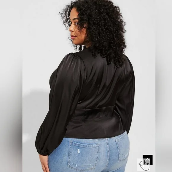 Black Satin Button-Front Top - Picture 2 of 5